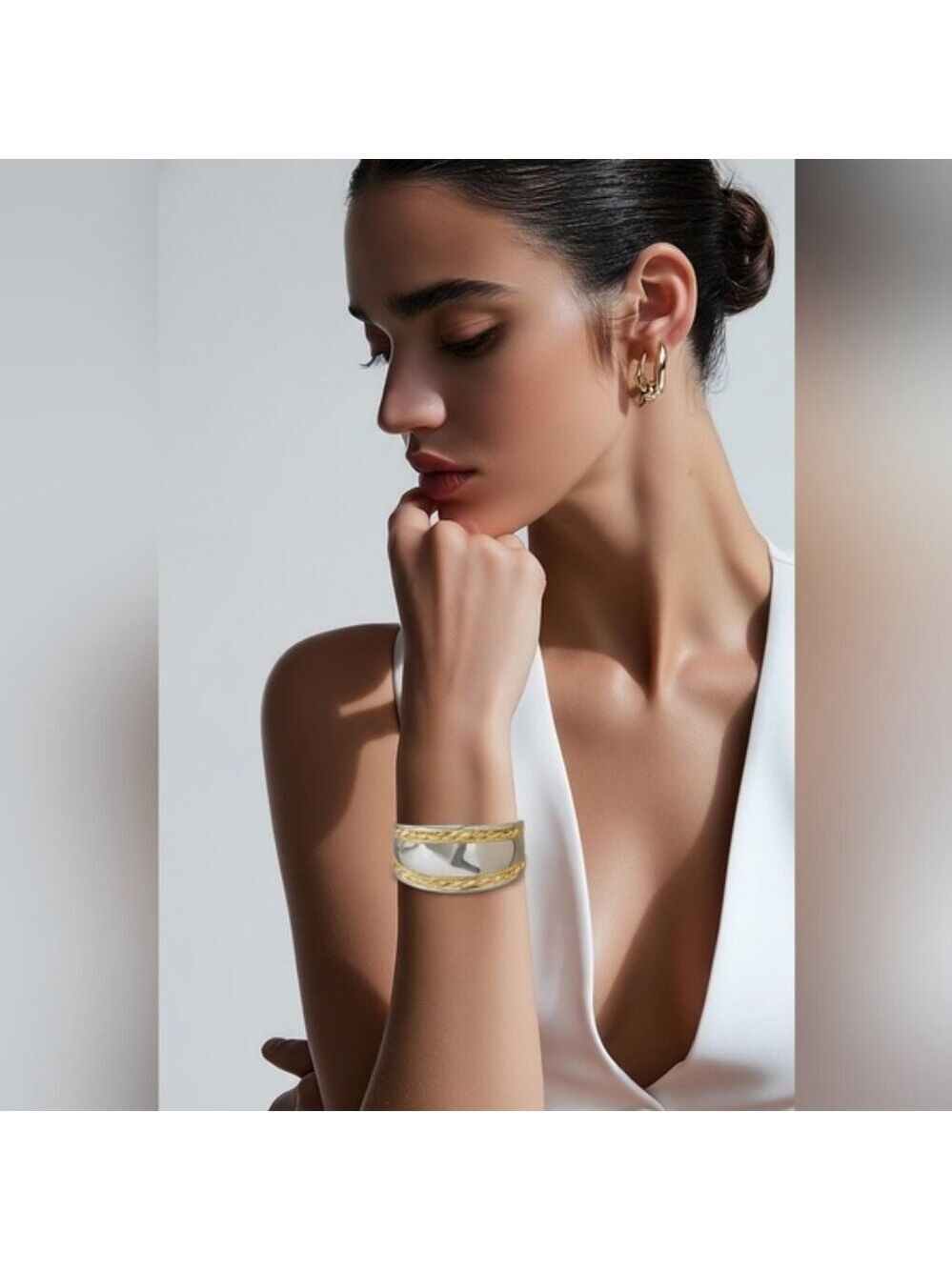 Luxury Elegant Twisted Wide Curved Stainless Steel Open Bracelet Bangle